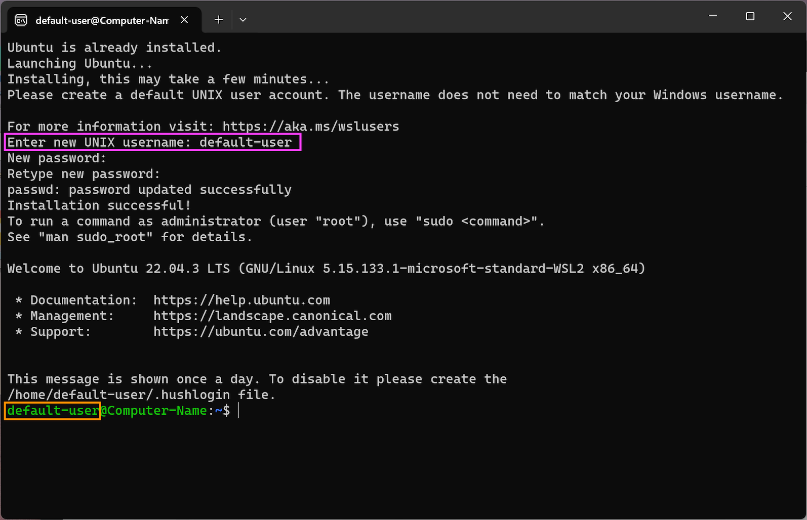 Image showing WSL terminal with ubuntu user account setup