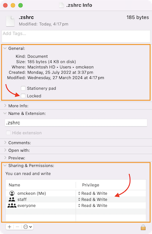 Get info window for .zshrc file